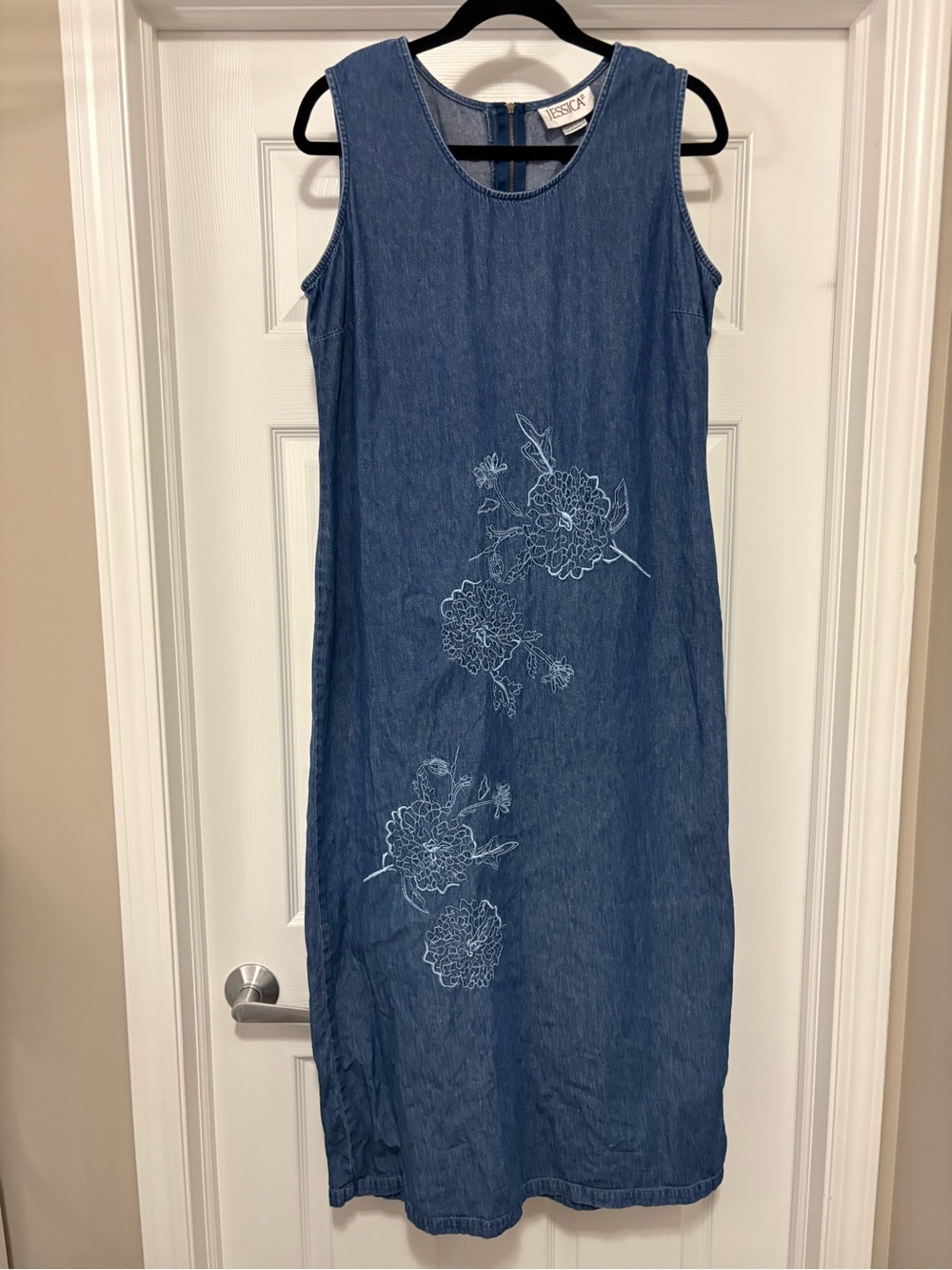 Jessica Blue Denim Sleeveless Floral Embroidered Midi Dress